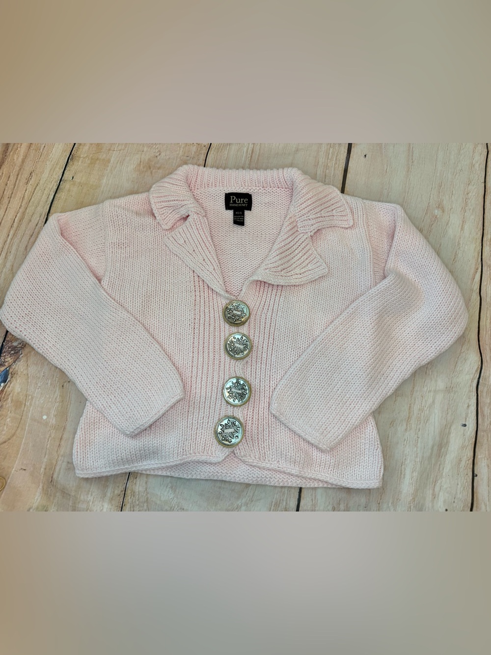 Pure Handknit Woman’s Cardigan Sweater Pink Size XS/S Giant Buttons Bohemian